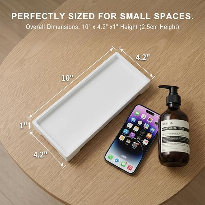 Countertop Vanity Tray - Silicone Bathroom Sink Organizer & Kitchen Soap Tray, Footed Anti-Slip Design, Waterproof Caddy for Perfume, Jewelry, Makeup, Bottle, Oil, Sponge Holder, White (L10 x W 4.2")