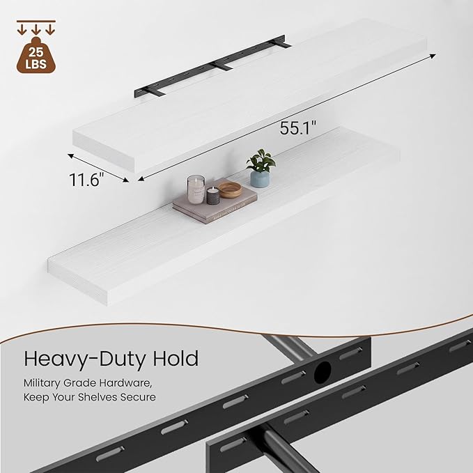 Heimlove 12 Inch Deep Floating Shelves, 55 x 12 inch Extra Long Floating Shelves for Wall Set of 2, Storage Shelf for Living Room Bedroom Kitchen Home, White