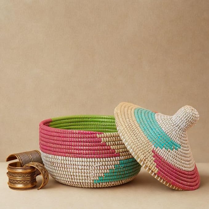 African Basket with Lid, Colorful Pattern, Hood Lid, 10 Inch Wide