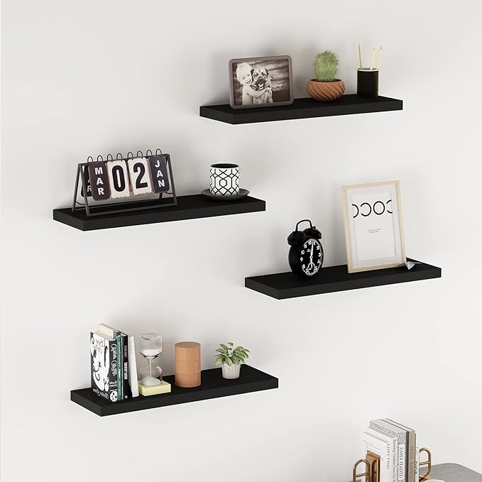 WELLAND Set of 2 Floating Shelves Wall Mounted Shelf, for Home Decor with 8" Deep (Black, 15 inch)