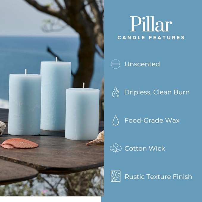 Simply Soson 3x4, 3x6, 3x8 inch Light Blue Pillar Candles, Set of 3 Pillar Candles, Rustic Texture, Unscented Candles, Dripless Candles, Ideal as Wedding, Parties, Spa, Dinner, Home Decor, Church