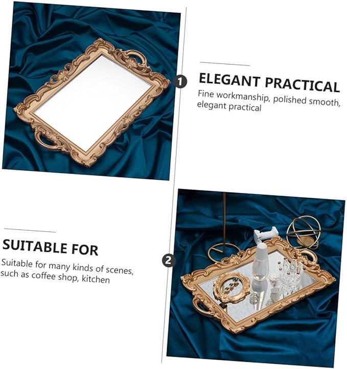 ULTECHNOVO Retro European Mirror Plate Makeup Tray, Golden Rectangular Plastic Cosmetic Storage Organizer for Vanity and Home Décor