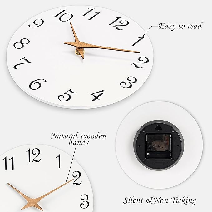 Mosewa Wall Clock Silent Non Ticking Battery Operated White Modern Simple Minimalist Clock Decorative for Home Bathroom (12 Inch)