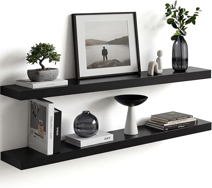 Homeforia Black Floating Shelves 36 inches Long, High End Solid Real Wood 36 inch Floating Shelf for Wall Mounted, Black Wooden 36in Floating Shelves, Heavy Duty Bracket, 36 X 6.5 X 1.75 in, Set of 2