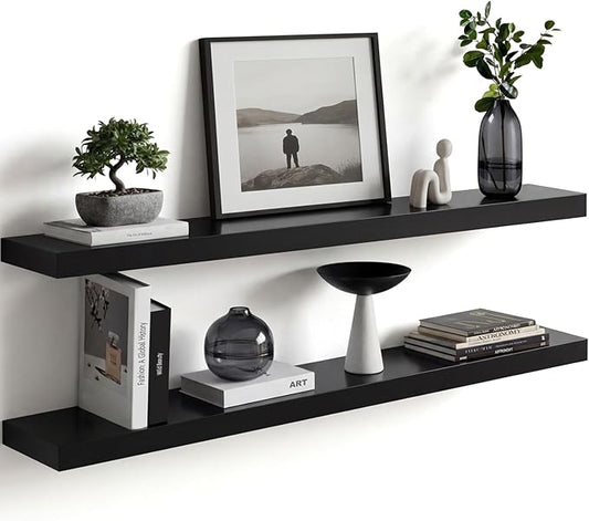 Homeforia Black Floating Shelves 36 inches Long, High End Solid Real Wood 36 inch Floating Shelf for Wall Mounted, Black Wooden 36in Floating Shelves, Heavy Duty Bracket, 36 X 6.5 X 1.75 in, Set of 3