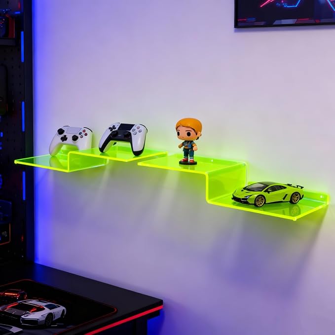 SetGame 2-Pack Acrylic Shelves Z-Shaped Display Stand Wall Mounted, 12 Inch Wall Storage Organizer for Toys, Books, Plants, Photos Album, Suit for Office, Living Room, Room Decor (Neon Green)