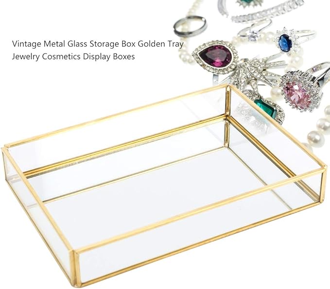 Gold Perfume Tray, Rectangle Decorative Glass Mirror Vanity Tray Jewelry Photo Display Organizer for Trinket Cosmetics Makeup Bathroom Bedroom Home Table Decorative (L)