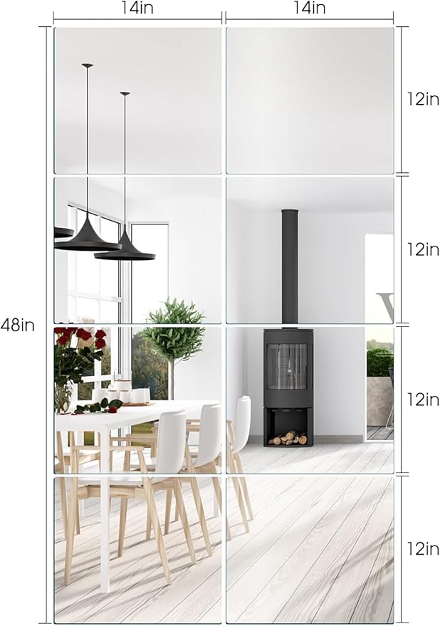 JAMBALAY Home Gym Mirrors for Gym, 8Pcs 12″×14″ HD Glass Full Length Wall Mirror Tiles, Self Adhesive Frameless Wall Mirror for Bedroom, Living Room, Over The Door