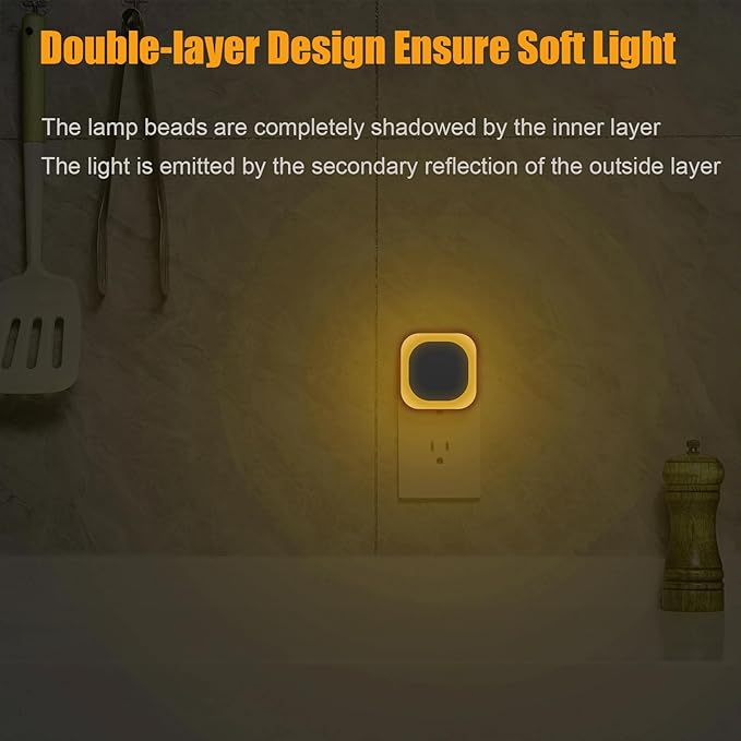 YUNLEX 2 Pack Plug in Dimmable Night Light, Square Nightlight, Auto Dusk to Dawn Sensor, Soft Glow, Diffused Light, Golden Yellow Light for Bathroom, Hallway, Stairs, Kitchen, Bedroom, Garage