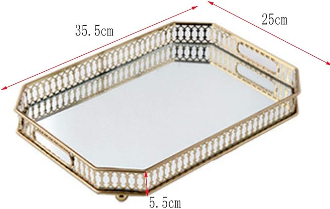 Vintage Gold Mirror Tray,Rectangle(13.8x9.8in) Ornate Geometric Brass Plated and Glass Display Storage Organizer,Jewelry Perfume Makeup Organizer Tray, for Dresser, Bathroom, Bedroom