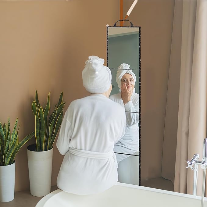 Foldable Full Length Mirror 2-in-1 Wall-Mounted or Tabletop Mirror, Portable Travel Mirror with Handle for Dance Home Bedroom Wardrobe Stage Makeup Checks Camping Outdoor Use (47" x 12.5", Four-Fold)