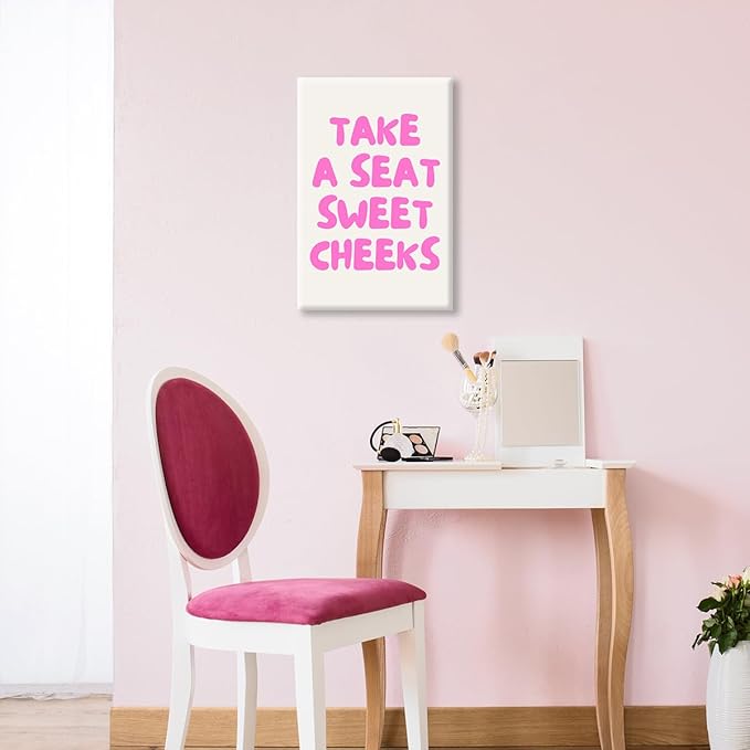 abrtolpffo Pink Take A Seat Sweet Cheeks Canvas Wall Art, Cute Quotes Aesthetic Poster for Room, Funny Bathroom Wall Decor, Trendy Girly Light Pink Restroom Picture Print 24x36in Wrapped Canvas