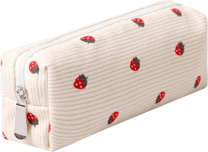Pencil Case Lightweight Aesthetic Pen Case Office College School Storage Bag Pouch Holder Box Organizer Makeup Pouch Cosmetic Bag for Girls Boys Kids (Flowers-Beige strawberry)