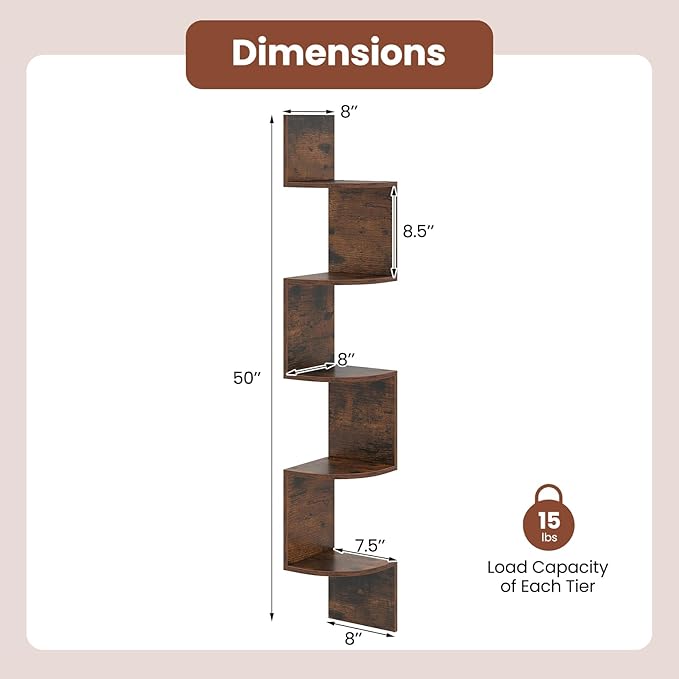 Giantex Corner Shelf Wall Mounted Set of 2, 5-Tier Floating Corner Bookshelf, Home Storage Organizer, Wooden Display Stand Rack for Wall, Plant Shelf for Living Room, Bedroom, Kitchen, Rustic Brown
