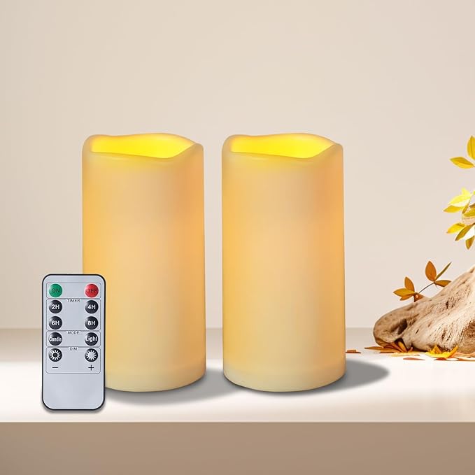 Artmarry Flickering Flameless Candles Outdoor Indoor Large (D 3" x H 6") LED Candles, 2Pcs Pillar Outdoor Indoor Battery Operated Candles with Remote for Home Wedding/Christmas/Holiday Décor