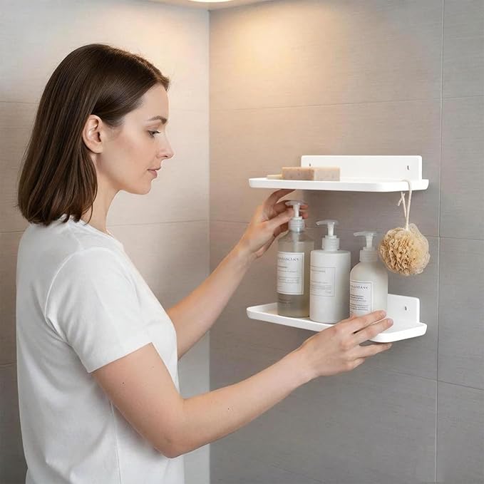 FAYYGYH Adhesive Floating Shelves No Drill Floating Shelf for Wall Storage Damage-Free Wall Mounted Organizer for Bathroom, Kitchen, Bedroom & Office (White, 4 PCS)