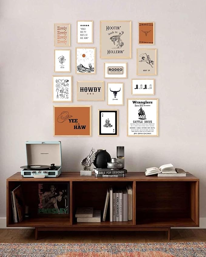 KBKBART Retro Western Wall Art Set – 15 Vintage Cowboy & Desert Prints, Wild West Rodeo and Southwest Decor for Living Room, Bedroom, or Office (Unframed, Multi Sizes, 11"x14" Largest)