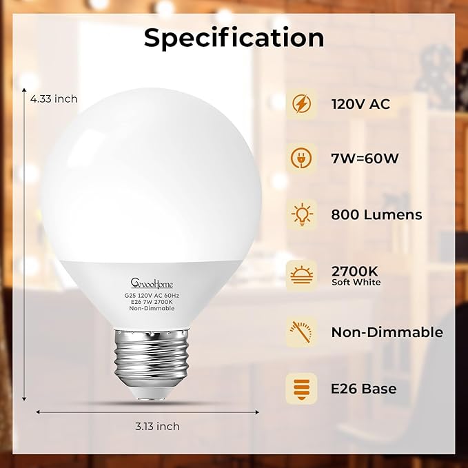 GvvooHome Vanity Light Bulbs for Bathroom, G25 LED Globe Light Bulbs for Makeup Mirror Dressing Room, 60W Equivalent, 2700K Soft White, 800LM, E26 Base, Non-Dimmable, 6-Pack