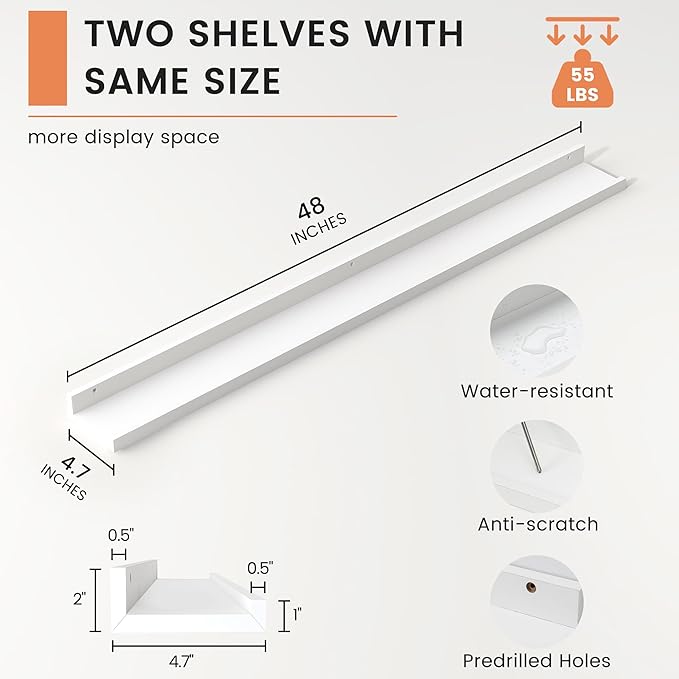 FLYJOE Picture Ledge Shelf, Floating Shelves Set of 2, 48 Inches Long Large Nursery Book Shelves for Toys Storage, Kids Bookshelf Wall Mounted for Living Room Bedroom Decor Books Photo Frames, White