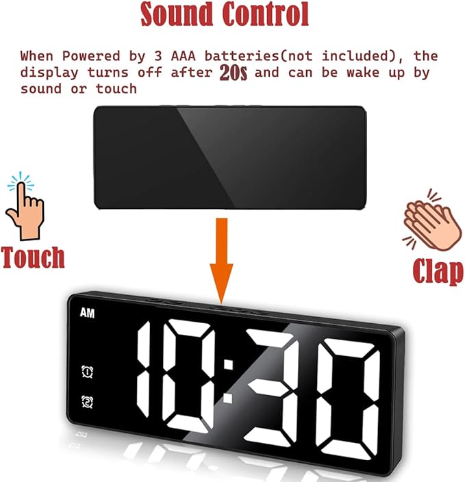 Small Digital Alarm Clock, Mirror Surface LED Electronic Clocks with Large Display, Adjustable Brightness and Snooze Model for Bedroom, Desk, Office, Blackcase White Digit