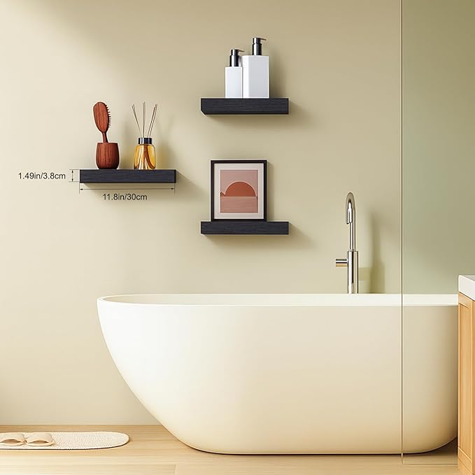 Floating Shelves for Wall, Bathroom Shelves Over Toilet, Wall Shelves & Book Shelf for Room, Hanging Shelf, Modern Wooden Wall-Mounted Small Floating Shelves, 12x7x1.5 in (Black, Set of 3)