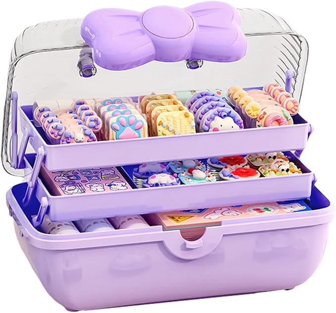 Cute Girls Hair Accessories Storage Box Bow Switch Organizer Box Jewelry Box | Kids Hair Accessories Organizer | 3 Layers Foldable Storage Box with Handle Plastic Makeup Jewelry Holder (Purple)