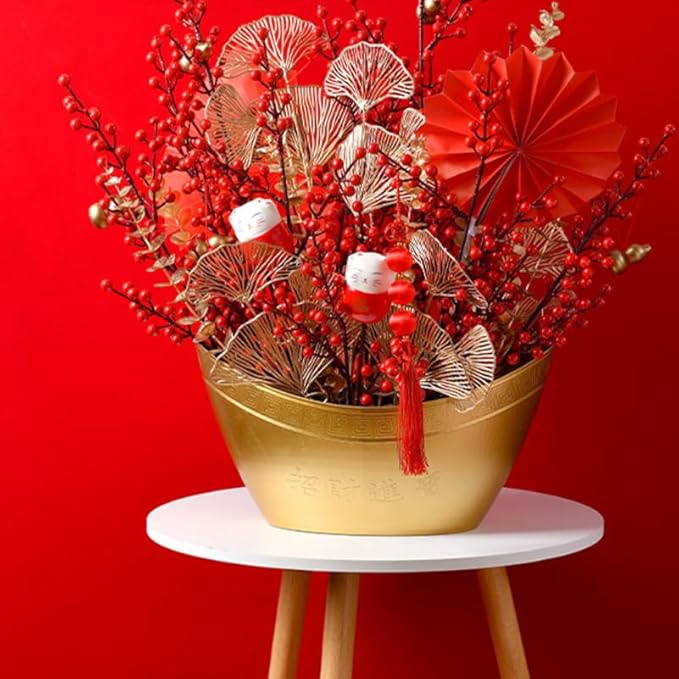 Yuanbaofu Bucket Golden Plastic Ingot Shape Wedding Housewarming Gift Storage Container Home Sundries Organizer New Year Flower Container Prosperity Basket 15.74X9.05X8.26In