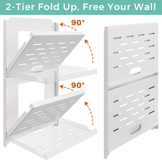 2-Tier Router Shelf Wall Mount Foldable - 10 inch Metal Outlet Shelf w/Cable Holes | Dual-Layer Organize & Connect for Router and Modem & Smart Home Decor | Folds Up & Stackable (Medium)