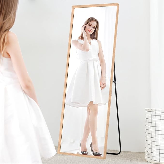 NeuType Floor Full Length Mirror Free Standing Full Body Dressing Mirrors with Stand Hanging Wall Mounted Large Rectangle Wood Frame Leaning Bedroom Living Room Décor 65 x 22 in (Solid Wood Color)