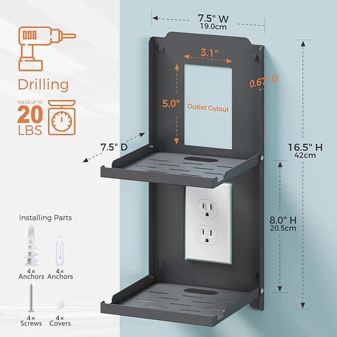 2-Tier Small Router Shelf Wall Mount - 7.5 inch Folding Metal Outlet Shelf w/Cable Holes | Dual-Layer Organize & Connect for WiFi Router and Modem | Folds Up & Stackable (7.5″ Wide)