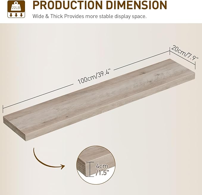 RALGEND Floating Shelves for Wall, 1.5" Thick Wall Shelf Set of 3 with Invisible Brackets, L39.4 x W7.9 Hanging Book Shelves Farmhouse Home Decor for Bathroom, Living Room, Bedroom, Greige 10301BJP3BG