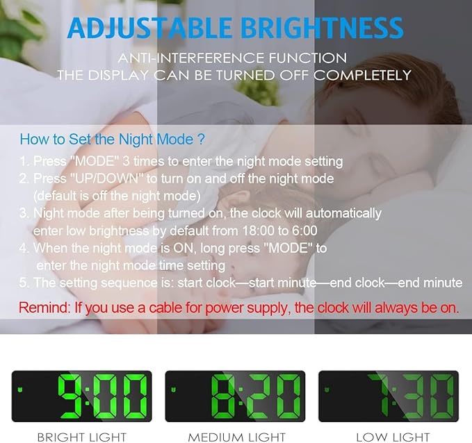 AMIR Alarm Clock, LED Clock for Bedroom, Electronic Desktop Clock with Temperature Display, Adjustable Brightness, 12/24H Display for Home (Plug Not Included)
