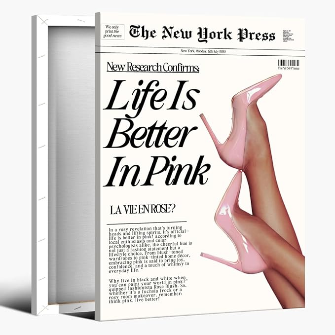Trendy Baby Pink Poster 70s Canvas Prints The New York Press Wall Art Life Is Better in Pink Hot Girl Posters Preppy Aesthetic Decor Bedroom for Cool Girly Room Home Dorm 24x36inch Framed