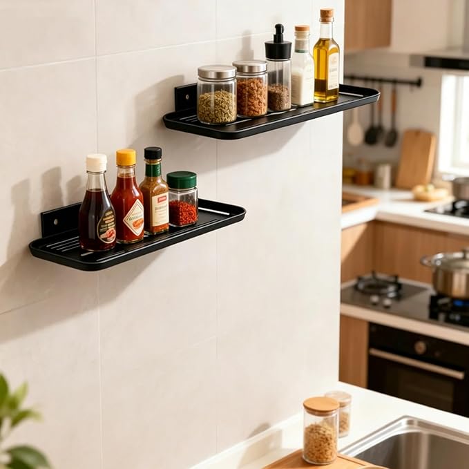 2pc Wall Mounted Floating Shelf, Self Adhesive Small Shelf, No Drill Shelves for Wall, Floating Shelves Damage-Free Expand Walls Space for Living Room Kitchen Bathroom (2, Black)