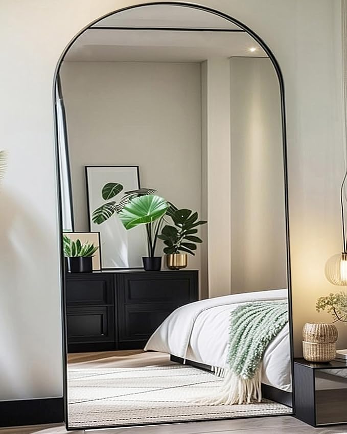 ALU-4690 Arched Full Length Mirror 90"x46" Full Body Floor Mirror Standing Hanging or Leaning Wall, Arch Wall Mirror with Stand Aluminum Alloy Frame for Bedroom Cloakroom Black