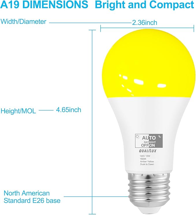 Qualilux Dusk to Dawn Light Bulbs, Auto On/Off Light Sensing LED Bulbs Outdoor, Amber Yellow Bug Light, A19 2-Pack, 12W 800LM 60W Equivalent, HQ-H019