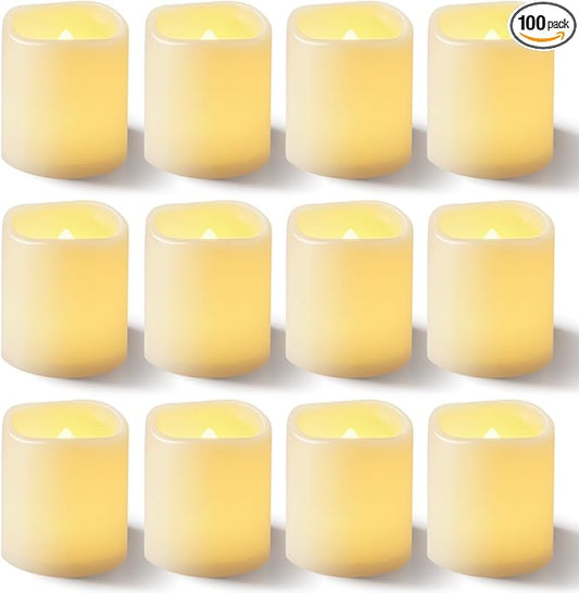Homemory 100Pack Flickering Flameless Votive Candles, 200+Hour Electric Fake Candles, Battery Operated LED Tealight for Wedding, Outdoor, Table, Festival (Warm White,Battery Included)