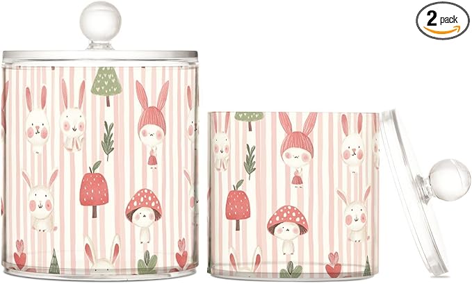Childish Bunny Blush Color Stripe Clear Plastic Makeup Organizer Storage with lid Pantry Essentials Decorative small storage bins for Cotton Swabs,Cotton Pads,Floss Picks,Paper Clips,Hair