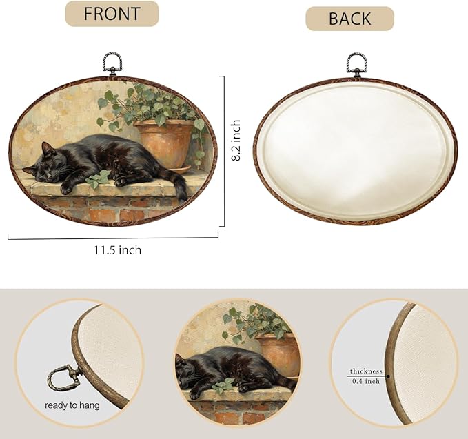 Vintage Black Cat Oval Framed Wall Art, Cute Animal Cat Canvas Art Paintings Wall Decor, Rustic Aesthetic Cottagecore Hanging Decor Artwork for Home Kitchen Bedroom Bathroom Living Room 12X8.3