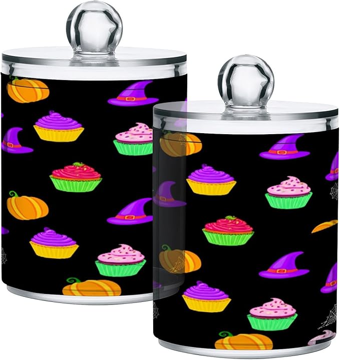 Nander 4Pack Halloween Colored Cake Qtip Holder Dispenser -Clear Plastic Apothecary Jars Set - Restroom Bathroom Makeup Organizers Containers for Cotton Swab, Ball, Pads, Floss