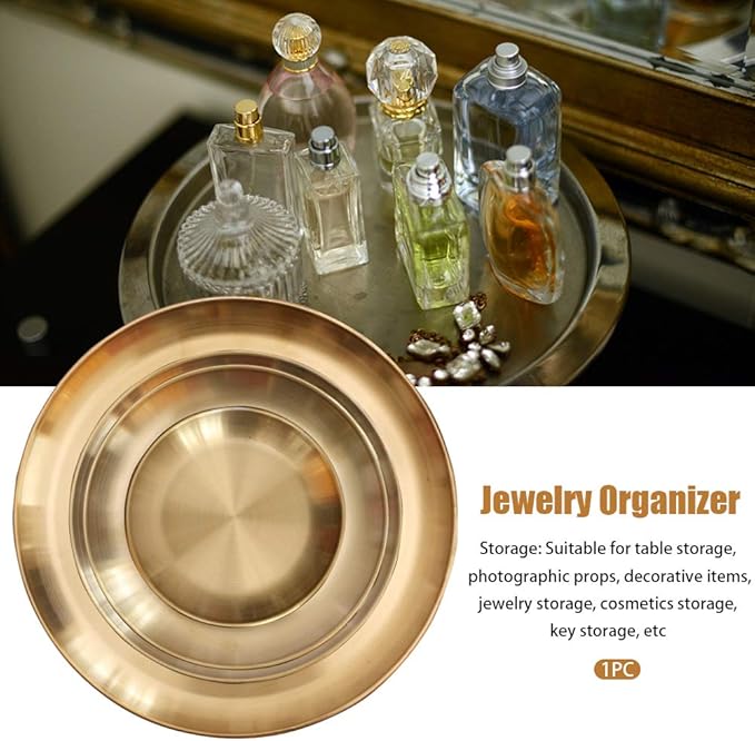 Round Brass Tray,Retro Plate Table Decor Easy Clean Stainless Steel Jewelry Organizer Round Tray for Modern Home,Jewelry, Makeup(Size:23cm)