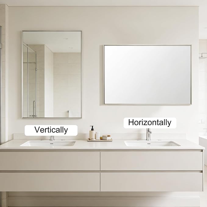 Bathroom Mirror for Wall, 16x24 Inch Metal Framed Mirror, Brushed Nickel Rectangle Mirror, Bathroom Vanity Mirror Farmhouse, Tempered Glass, Anti-Rust, Hangs Horizontally or Vertically