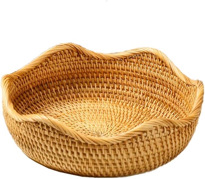 Handmade Rattan Round Fruit Basket Food Storage Bowls Kitchen Organizer Snack Serving Bowl Wavy Edge Circle Tray Basket, Boho Home Décor Display Tray for Coffee Table, Dining Room (Small 8.7")