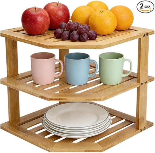 AKAZA 3-Tier Corner Shelf Counter and Cabinet Organizer - Steel Metal Wire - Rust Resistant (Bamboo)