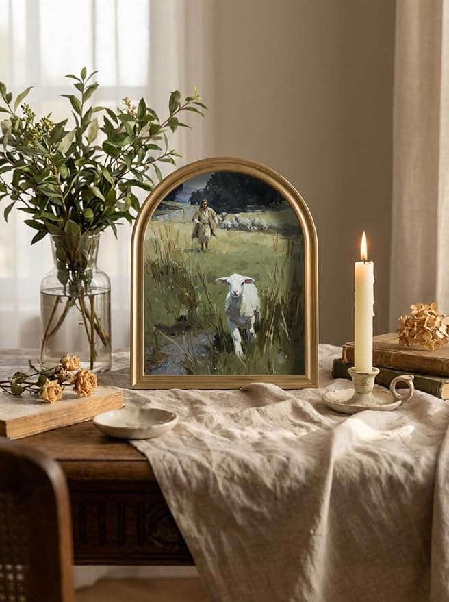 TwoDays Gold Vintage Christian Jesus Arched Wood Framed Wall Art – Jesus Leaves the 99 Sheep Canvas Picture, Religious Farmhouse Artwork Prints Wall Decor for Living Room, Bedroom (11" x 13.8")