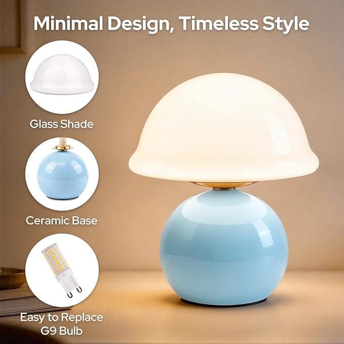 Mushroom Table Lamp for Bedroom, Cozy Bedside Lamp with Glass Shade, Stepless Dimmable Nightstand Lamp for Relaxing Bedroom Decor & Aesthetic Home (Blue)