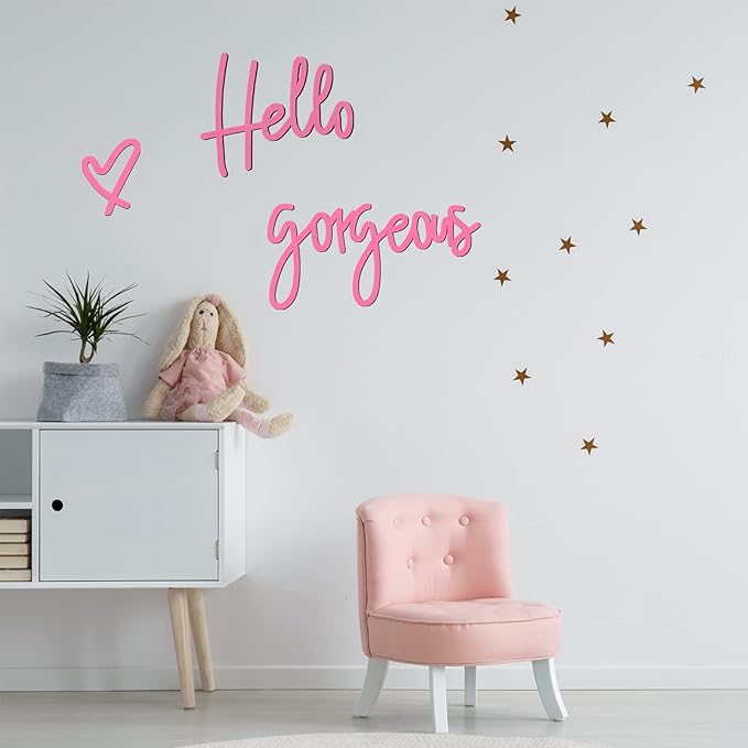 Blulu Hello Gorgeous Wall Decor Sign Hello Gorgeous Wall Art Minimalist Wooden Words Decor for Lash Room, Salon, Vanity or Makeup Room, Bathroom, Bedroom, Office(Pink)