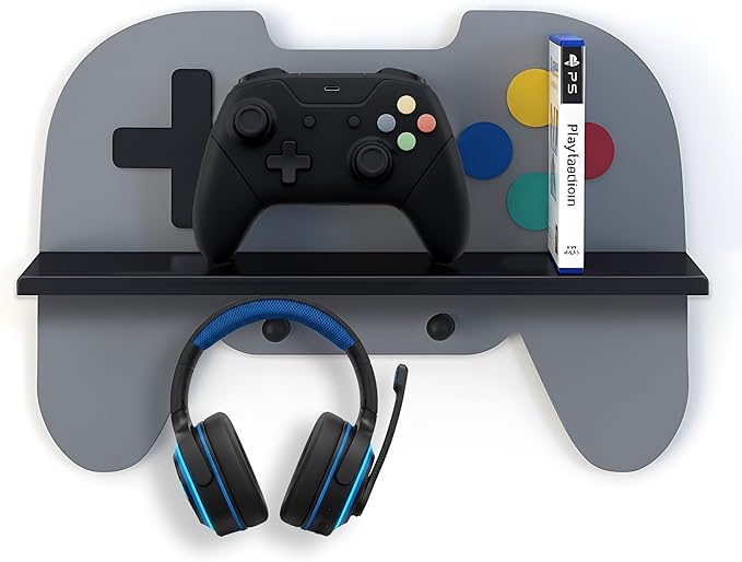 Game Room Decor Gaming Floating Shelf for Wall - Retro Controller Shaped Wooden Display Rack with Hooks for Controllers and Headphones, Gray, Gaming Room Organizer for Boys and Teens