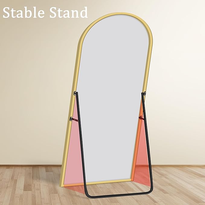 GlasFlength Full Body Mirror with Stand, 71" x 32" Arched Full Length Mirror with Aluminum Alloy Frame Wall-Mounted/Leaning Against Wall/Floor Standing Mirror for Home Decor, Gold