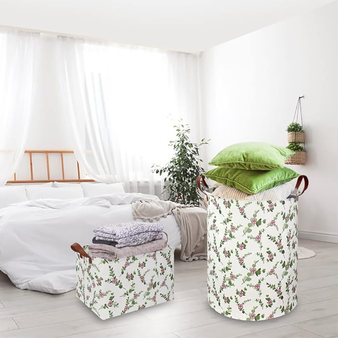 NTAOHAMPER Large Round Canvas Linen Laundry Hamper,Waterproof Storage Bin for Books/Clothes, Laundry Basket, Gift Basket(Eucalyptus leaves)